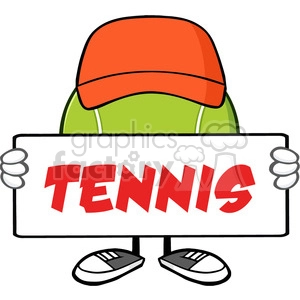 tennis ball faceless cartoon mascot character with hat holding a blank sign vector illustration with text tennis isolated on white background