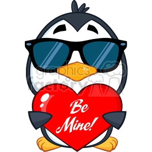 cute penguin cartoon character wearing sunglasses and holding a be mine valentine heart vector illustration isolated on white