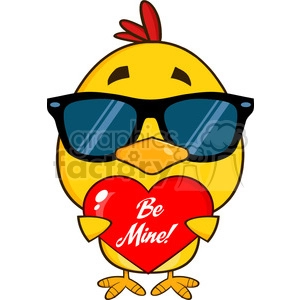 cute yellow chick with sunglasses cartoon character holding a be mine valentine love heart vector illustration isolated on white