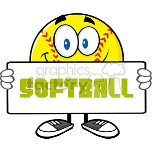smiling softall cartoon mascot character holding a sign vector illustration with text softball isolated on white background