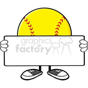 This clipart image shows a cartoon representation of a softball holding a blank sign. The softball is predominantly yellow with red stitching typical of a softball. It has white gloved hands holding the edges of the sign and black and white shoes at the bottom. The sign itself is white and is positioned in front of the softball, providing a space for custom text to be added.