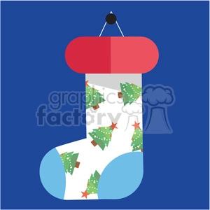cartoon christmas stocking on blue square with christmas trees vector flat design