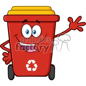 Happy Red Recycle Bin Cartoon Mascot Character Waving For Greeting Vector
