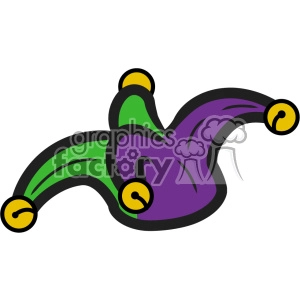The clipart image depicts a colorful and elaborate jester hat commonly associated with Mardi Gras festivities. The hat features traditional jester elements such as multiple points with bells at their ends. It conveys a sense of fun and whimsy often associated with jesters or jokers in various celebrations, including Mardi Gras.