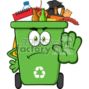 Angry Green Recycle Bin Cartoon Mascot Character Full With Garbage Gesturing Stop Vector