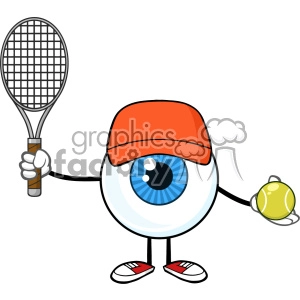 Blue Eyeball Guy Cartoon Mascot Character Holding A Tennis Ball And Racket Vector