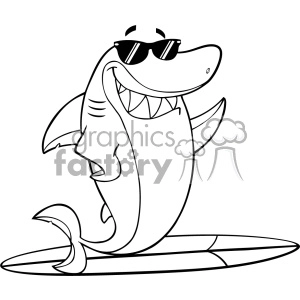The clipart image shows a cartoon-style depiction of a shark with a humorous and friendly character. The shark is standing upright on what appears to be a surfboard, and it is wearing sunglasses, which adds to its playful and cool demeanor. The image is monochromatic, outlined in black on a white background.