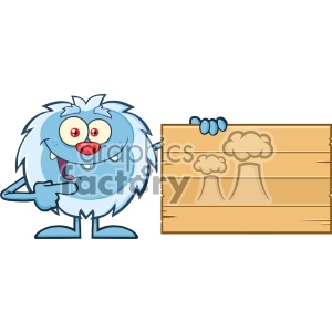 Cute Little Yeti Cartoon Mascot Character Pointing To A Wooden Blank Sign Vector