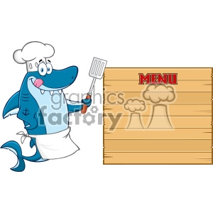 Chef Blue Shark Cartoon Licking His Lips And Holding A Spatula To Wooden Blank Board With Text Menu Vector