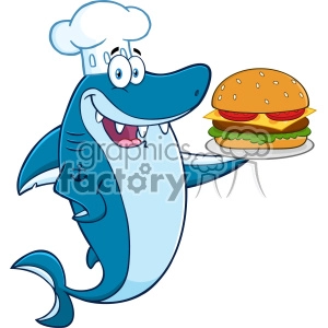 This clipart image features a cartoon-style illustration of a cheerful blue shark wearing a white chef's hat. The shark is standing upright and presenting a big, appetizing hamburger on a plate with one of its fins, as if offering it to someone. The image has a whimsical, fun vibe, suitable for a range of uses from educational materials to themed restaurant menus.