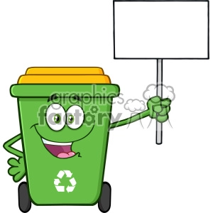 Happy Green Recycle Bin Cartoon Mascot Character Holding Up A Blank Sign Vector