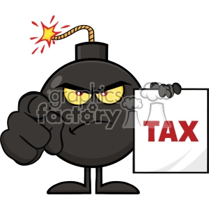 10808 Royalty Free RF Clipart Angry Bomb Cartoon Mascot Character Pointing And Holding A Tax Sign Form Vector Illustration