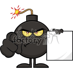 10807 Royalty Free RF Clipart Angry Bomb Cartoon Mascot Character Pointing Outwards And Holding A Blank Sign Form Vector Illustration