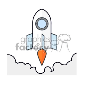 The clipart image shows a stylized vector graphic of a rocket with flames coming out of the bottom, suggesting that it is blasting off into space. It features a pointed nose cone and fins at the back, typical of a traditional rocket design. The image could be used to represent concepts such as space exploration, travel, or science fiction.
