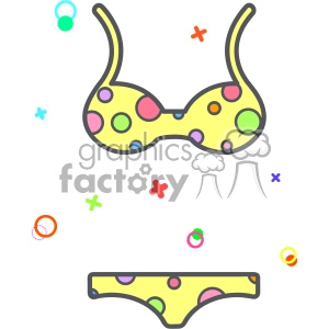 The clipart image shows a bikini swimsuit, which is a two-piece bathing suit typically worn by women. The bikini is depicted in a vector art style and is shown laying flat on a surface. This image could be used to represent summer, beachwear, swimwear, or vacation-related themes.
