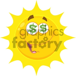 Royalty Free RF Clipart Illustration Funny Yellow Sun Cartoon Emoji Face Character With Dollar Eyes And Smiling Expression Vector Illustration Isolated On White Background