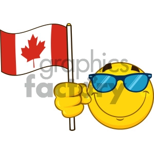 Royalty Free RF Clipart Illustration Patriotic Yellow Cartoon Emoji Face Character With Sunglasses Waving An Canadian Flag Vector Illustration Isolated On White Background