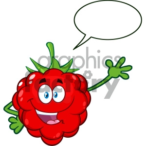 Royalty Free RF Clipart Illustration Happy Raspberry Fruit Cartoon Mascot Character Waving For Greeting With Speech Bubble Vector Illustration Isolated On White Background