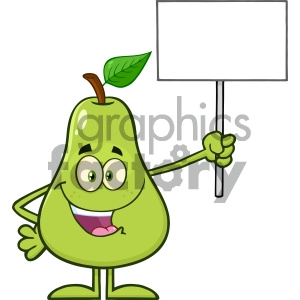 Royalty Free RF Clipart Illustration Green Pear Fruit With Leaf Cartoon Mascot Character Holding A Blank Sign Vector Illustration Isolated On White Background
