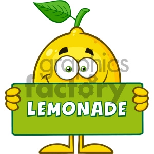 Royalty Free RF Clipart Illustration Smiling Yellow Lemon Fresh Fruit With Green Leaf Cartoon Mascot Character Holding A Banner With Text Lemonade Vector Illustration Isolated On White Background