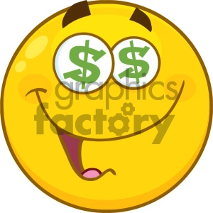 Royalty Free RF Clipart Illustration Funny Yellow Cartoon Smiley Face Character With Dollar Eyes And Smiling Expression Vector Illustration Isolated On White Background