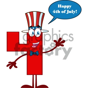 Happy Patriotic Red Number Four Cartoon Mascot Character Wearing A USA Hat Waving With Speech Bubble And Text Happy 4 Of July