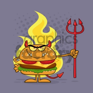 Angry Devil Burger Cartoon Character Holding A Trident Over Flames Vector Illustration With Purple Halftone Background