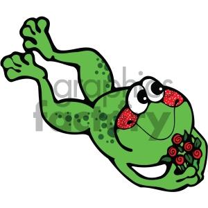 This image depicts a cartoon frog holding a red bouquet of roses in its mouth. The frog is green with visible darker green spots and large, exaggerated eyes with red and white eyelids, which are styled in a way that suggests it is perhaps meant to convey a comical or romantic gesture.