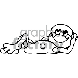 The image features a line drawing of a cartoon-style frog. The frog is depicted in a relaxed, reclining pose, with one leg stretched out and hands behind its head, as if it's lounging comfortably.