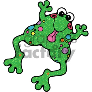 The image is a colorful and cartoonish clipart of a frog. The frog has a vibrant green body with a pattern of multicolored spots in pink, blue, yellow, and other colors. It has two large, bulging eyes and a comically surprised expression.