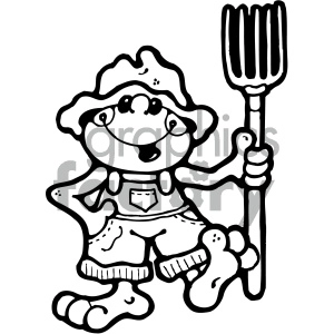 The clipart image features a cartoon frog standing upright. The frog is wearing a farmer’s outfit, including a wide-brimmed hat, overalls, and boots. It's holding a pitchfork with its right hand. This is a black and white illustration, which seems to be designed for coloring activities.