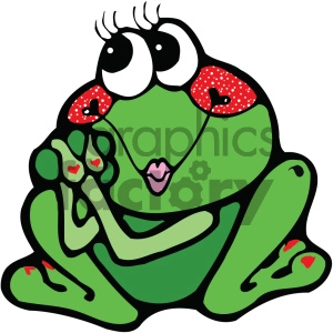 The image is a colorful clipart illustration of a green frog. This frog is stylized with feminine features including eyelashes, red lipstick, and red painted nails. The frog appears to be sitting comfortably and making a gesture that could signify a kiss or a thoughtful pose.