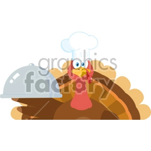 This clipart image depicts a cartoon turkey wearing a chef's hat, standing in front of a cooked Thanksgiving turkey. The cartoon turkey appears to be presenting the dish, with one wing holding a silver cloche partially lifted off the turkey platter.