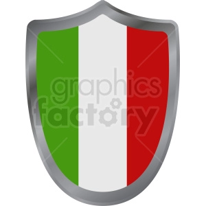 This clipart image depicts a shield with the design of the Italian flag on it. The flag consists of three vertical stripes: green on the left, white in the middle, and red on the right. The shield appears to have a metallic outline giving it a badge-like appearance.