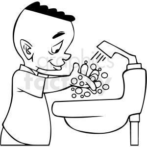 black and white african american cartoon boy washing his hands vector clipart