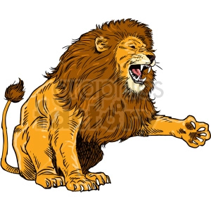 The clipart image shows a stylized, cartoonish depiction of a lion. The lion is depicted in profile view, facing to the left side of the image. It has a large, bushy mane around its neck, and its mouth is slightly open, showing its teeth. The lion has a fierce expression on its face, with its brows furrowed and its eyes narrowed.