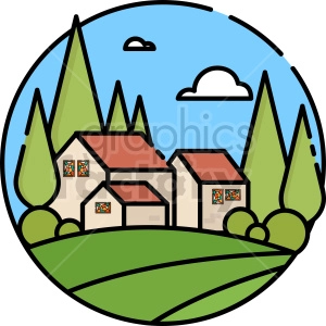 The clipart image shows a small house or cabin situated in the middle of a field or farm land. The image depicts a rural setting with a small, simple house surrounded by fields or farmland.
