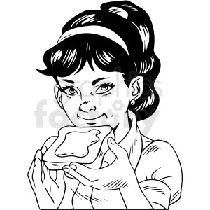 black and white retro girl eating toast vector clipart