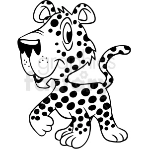 The clipart image depicts a black and white cartoon of a baby leopard, set in a jungle background.
