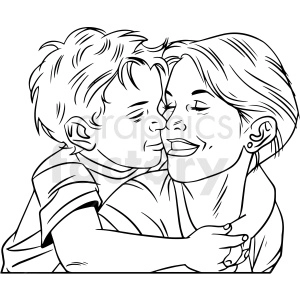 black and white mom hugging son vector clipart