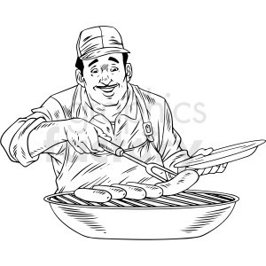 The clipart image shows a vintage black and white illustration of a man, possibly a father or dad, grilling sausages on a barbecue grill. He is wearing a chef's hat and appears to be enjoying the Labor Day holiday by cooking outdoors.
