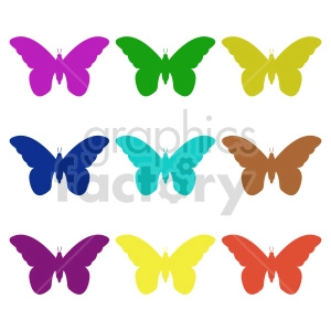 The clipart image depicts a butterfly in multiple colors. There are 9 in total.
