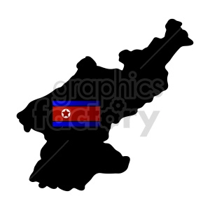 This clipart image features a black silhouette of the Korean Peninsula with the flag of North Korea overlaid on top of the silhouette. The North Korean flag is centered and displayed prominently against the black background.