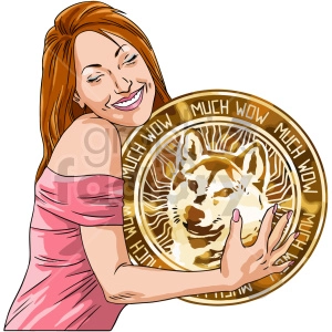 The clipart image shows a cartoon lady happily hugging a digital coin with the Shiba Inu dog breed on it, which appears to be Dogecoin, a type of cryptocurrency. The image conveys affection towards the coin and possibly enthusiasm for investing in or using cryptocurrencies as a form of digital currency.
