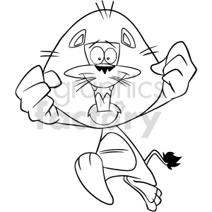 The clipart image shows a cartoon cat standing upright with a surprised or shocked expression. The cat is holding up its front paws, with fingers spread as if to say stop or to express alarm. The cat appears animated with whiskers, large eyes, and its tail sticking out.