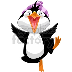 The image showcases a happy cartoon penguin with its wings spread wide as if it's about to give a hug. The penguin has a joyful expression with its beak open wide, suggestive of either laughter or elation. It also appears to be wearing a small purple-colored hat on its head which is slightly tilted, adding to its whimsical charm.