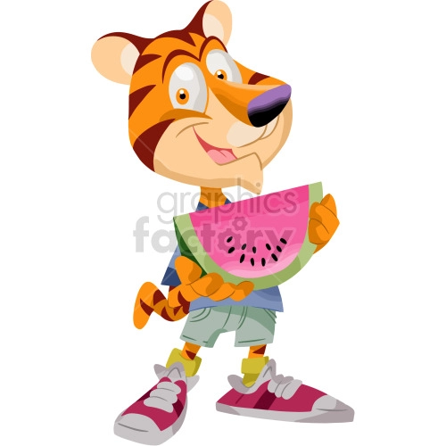 The clipart image shows a cartoon tiger kid eating a slice of watermelon. The tiger is wearing sneakers and shorts.
