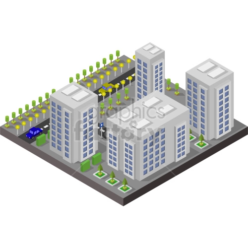 The clipart image depicts an isometric view of a city block with several buildings, including skyscrapers. The buildings are arranged in a grid pattern with streets and sidewalks between them. There are cars parked on the street and trees planted along the sidewalks. The image shows a bustling urban scene with a mix of commercial and residential buildings.
