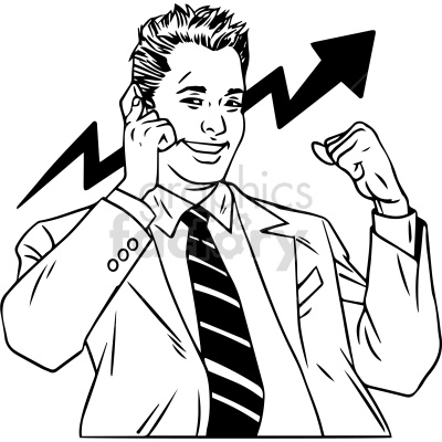 The clipart image depicts a black and white illustration of a male salesperson. He is wearing a suit and tie, holding a phone in his right hand, and gesturing with his left hand as if presenting or pitching a product. The image represents a salesperson in the context of sales and marketing.
