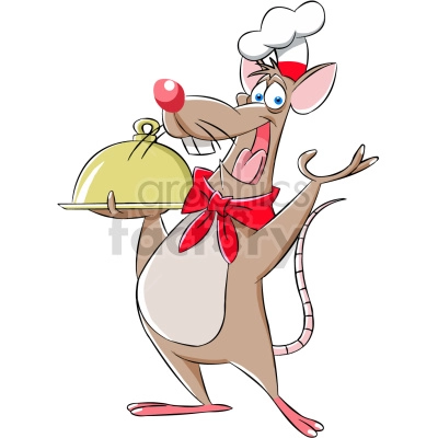 The clipart image shows a cartoon rat dressed as a chef, holding a plate with a cooked dish in one hand and a cooking utensil in the other. The rat appears to be presenting the dish to someone or something outside of the frame.
